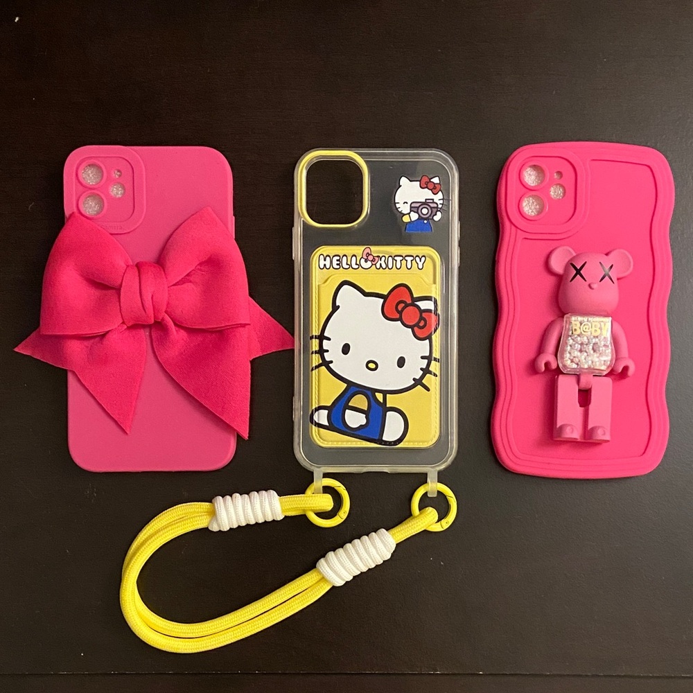 (3) New iphone 11 Cases Hello Kitty Brick Bear Bow hot pink Barbie kawaii cute